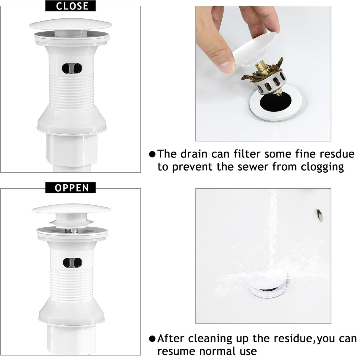 Bathroom Sink Drain,Drain Stopper Bathroom Sink Without Overflow,Pop Up Drain Assembly with Detachable Strainer Basket,Built-in Anti-Clogging, Stainless Steel Nut White
