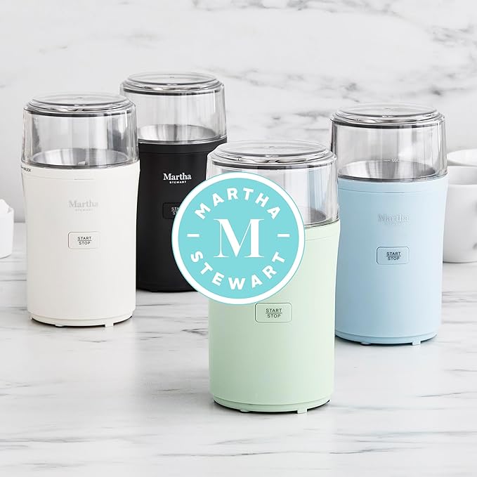Martha Stewart Electric Coffee & Spice Grinder, Dual 2.5oz Removable Bowls, Storage Lids, Stainless Steel Blades, One Touch Pulse Control, 2-in-1 Compact, Beans & Spices, Herbs & Nuts, Caviar Gray