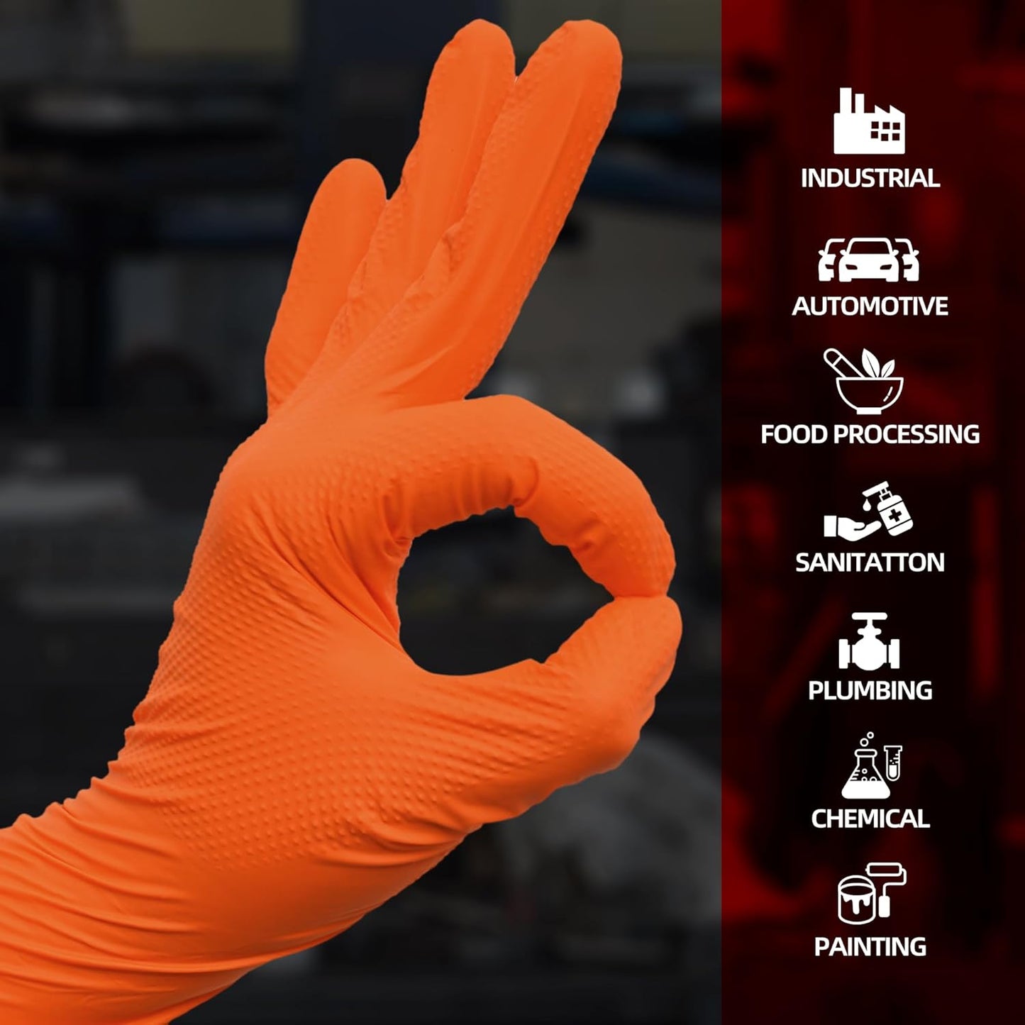 Jointown Basic Heavy Duty Nitrile Gloves, Mechanic Gloves 8 Mil Nitrile Disposable, with Raised Diamond Texture, Case of 100, Orange, Large
