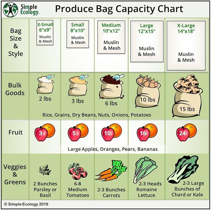 Simple Ecology Reusable Produce Shopping and Storage Bags, Drawstring, Washable Organic Cotton Mesh, Large 3 pack