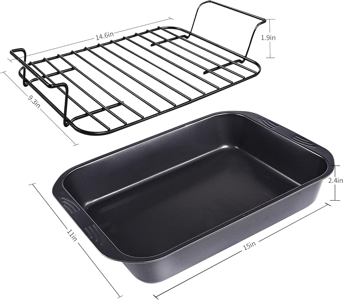 kitCom Bakeware Nonstick Roaster, Nonstick Roasting Pan with Rack, Great For Roast Chicken, Roasts And Turkeys - 15 Inch x 11 Inch (5.8 QT), Gray