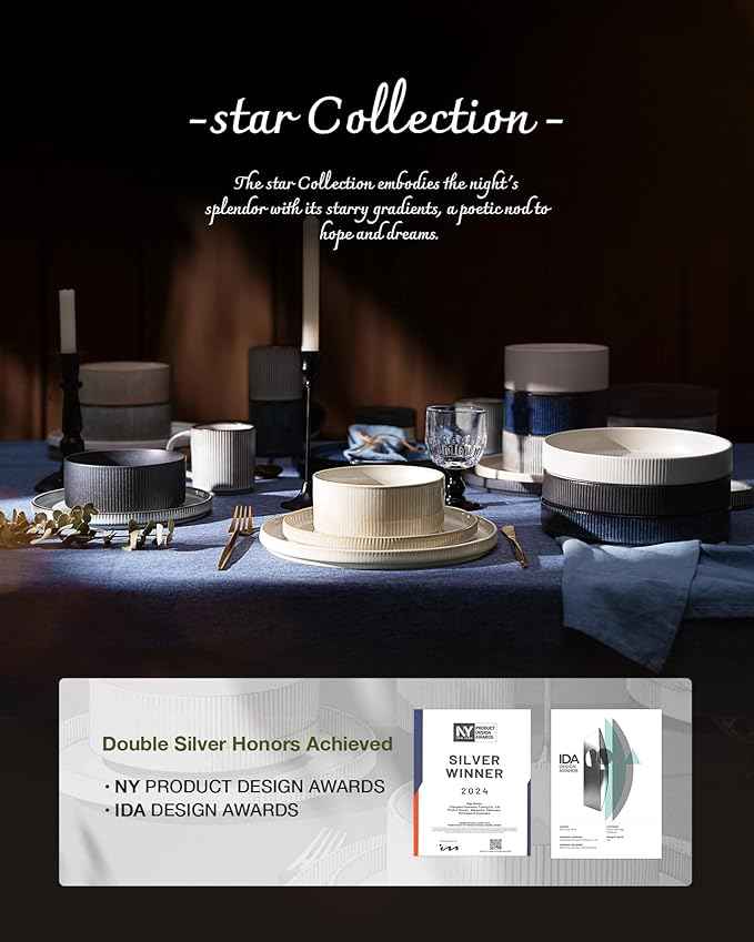 Famiware Star Dinnerware Set, Plates and Bowls Sets for 4 (12pcs), Ribbed Stoneware Dishes with Trim - Chip & Scratch Resistant, Microwave & Dishwasher Safe, Cream