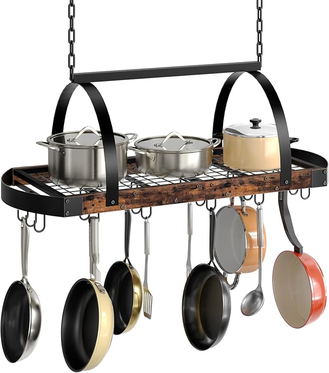 CHOEZON Hanging Pot Rack, Pot Hanger for Kitchen, Ceiling Mounted Pot Holder, Cookware Organizer with 18 S-Shaped Hooks, for Pot, Pan Storage, Space-Saving, Rustic Brown and Black TPR18BF