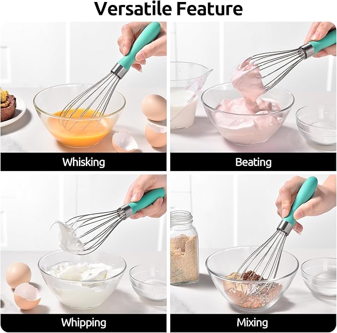 U-Taste 9" Small Egg Whisk: 18/10 Stainless Steel Kitchen Cooking Wire Balloon Wisk, Heavy Duty Metal Beater Stirrer, Manual Baking Tool with 6 Flex Wires for Hand Mixing, Blending Sauce (Aqua Sky)