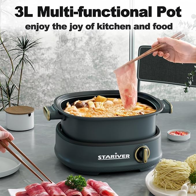 Stariver 3L Non-Stick Hot Pot Electric with Dual-Power Control,Electric Shabu Shabu Pot with Removable Pot, Electric Pot with Tempered Glass Lid for Party, Family Gathering(Silver)