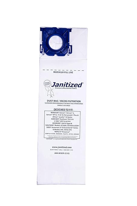 Janitized JAN-WISEN-3(10) Premium Replacement Commercial Vacuum Paper Bag, Windsor Sensor XP12, 15 and 18, Versamatic Plus, SSS Prosense, Kenmore 50015, OEM#5300, 86000500, 50015 (Pack of 10)