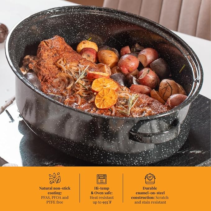 Granite Ware 19 inch oval roaster with Lid, V Rack included (Speckled Black) - design to accommodate up to 20 lb poultry/roast. Resists up to 935°F