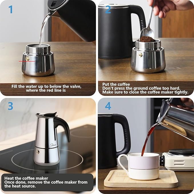 Espresso Maker 4 Cup Moka Pot Stainless Steel Percolator coffee pot, Compatible with Gas, Electric, Ceramic, and Induction stovetops(6.6 fl oz/200 ml)