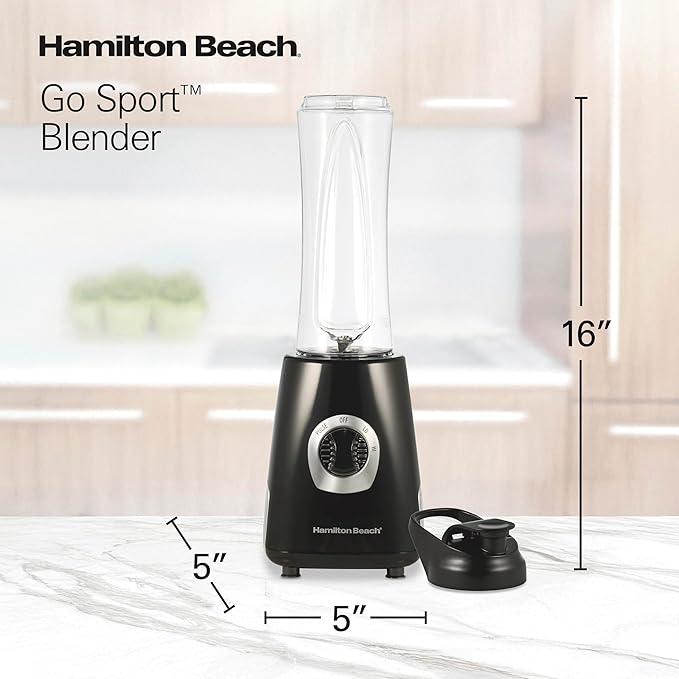 Hamilton Beach Go Sport Portable Blender For Smoothies With 20 Oz. Blend-In Personal Travel Jar, 600 Watt Motor And Stainless Steel Blades For Powerful Blending Performance, Black (51143G)