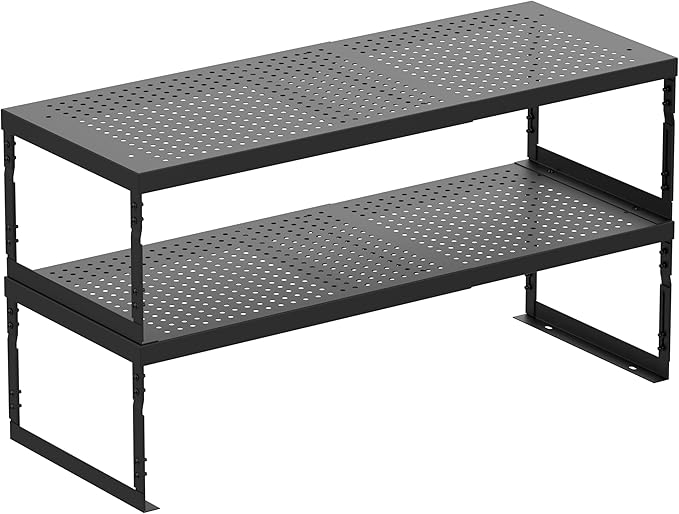 Stackable Expandable Metal Shelf Organizer - Adjustable Wire Storage Rack with Holes for Kitchen, Bathroom, Cabinet, Office - Space Saving, Durable & Sturdy Design(2PACKS/Medium/Black