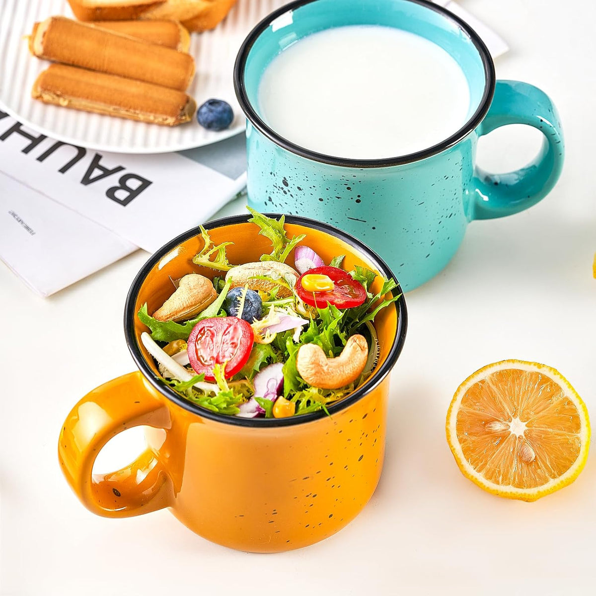 bestone Coffee Mugs Set of 4,16 oz Large Coffee Mugs, Ceramic Mugs with Handles,Salad,Noodles etc Coffee Mugs, Cups for Coffee Cereal Latte ,Microwave & Dishwasher safe,Yellow