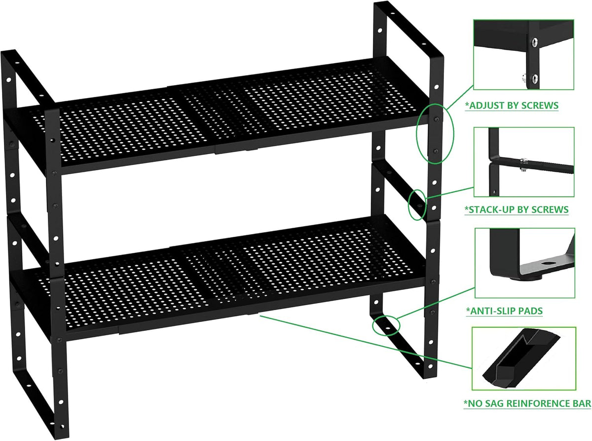 Expandable Shoe Rack Stackable Metal Pantry Storage Shelves Stand Adjustable Height Cabinet Shelf Organizer Racks Spice Shelving(3PACKS/BLACK,LARGE)