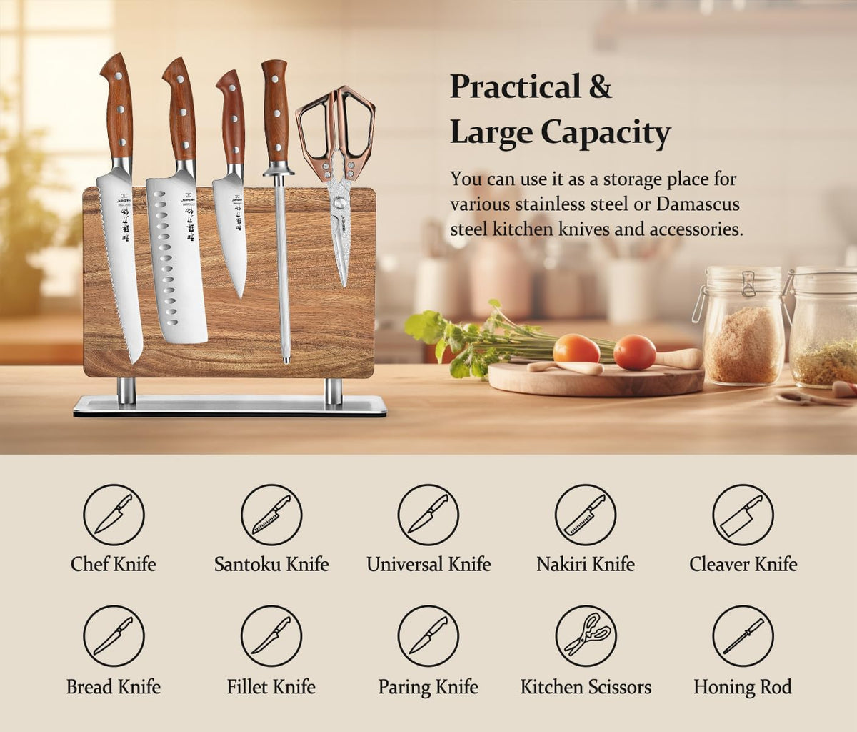 Strong Double Sided Magnetic Knife Block Without Knives, with Acacia Wood+430 Stainless Steel Base,Magnetic Universal Stands with Strong Enhanced Magnets Strip Kitchen Storage Cutlery Large Organizer