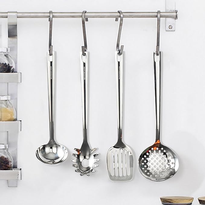 18/8 Stainless Steel Cooking Utensils Set, Spatula Set Kitchen Wok Utensils Set, Include Soup Ladle,Spaghetti Server,Slotted Spatula Turner,Skimmer(Dishwasher Safe, Mirror Polished)