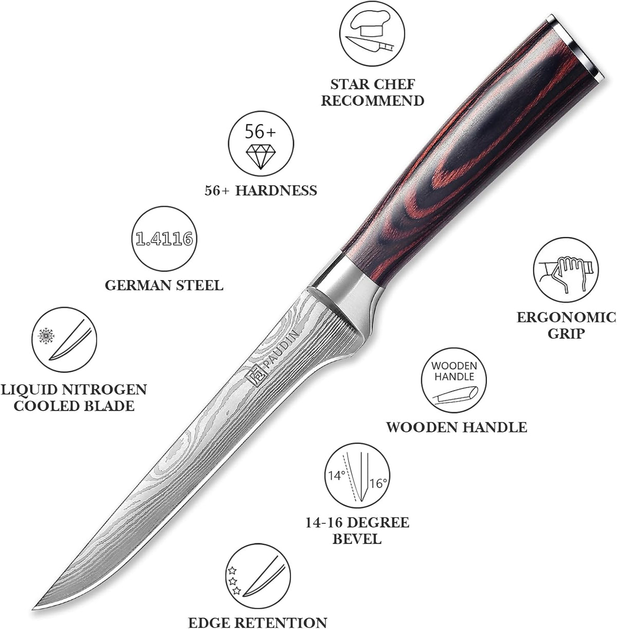 PAUDIN Boning Knife 6 Inch, Super Sharp Fillet Knife, German High Carbon Stainless Steel Deboning Knives, Professional Boning Knives for Meat Poultry Chicken, Pakkawood Handle with Gift Box