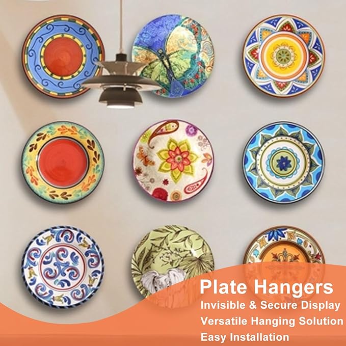 Plate Hangers for The Wall - Stainless Steel Invisible Heavy Duty Wire Plate Holder for 9-10 Inch Decorative Plates, Art Plates & Ceramic Plates with Wall Hooks