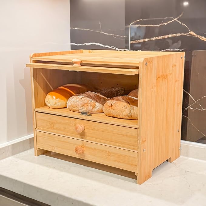 Bamboo Bread Box for Kitchen Countertop & Dining Room,Wooden Storage with Display Compartment & Built-in Bread Slicer,Eco-Friendly Organizer for Homemakers, Bakers & Bread Lovers 