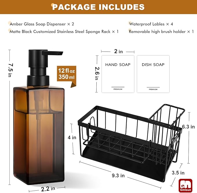 GMISUN Dish Soap Dispenser, 12 Fl oz / 350 ml Dual Soap Dispenser with Sponge Holder, Customized Amber Glass Kitchen Soap Dispensers Set, Modern Hand and Dish Soap Dispensers Set Removable