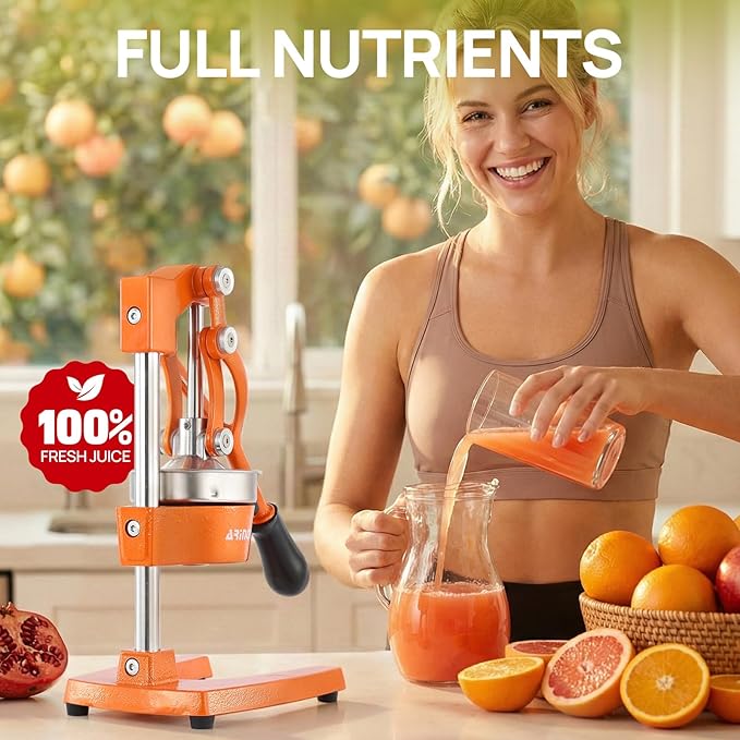 Kitchen Cast Iron Citrus Juicer,Manual Hand Press Orange Juicer,Heavy Duty Countertop Squeezer for Lemon,Orange, Easy to Use & Clean(Orange)