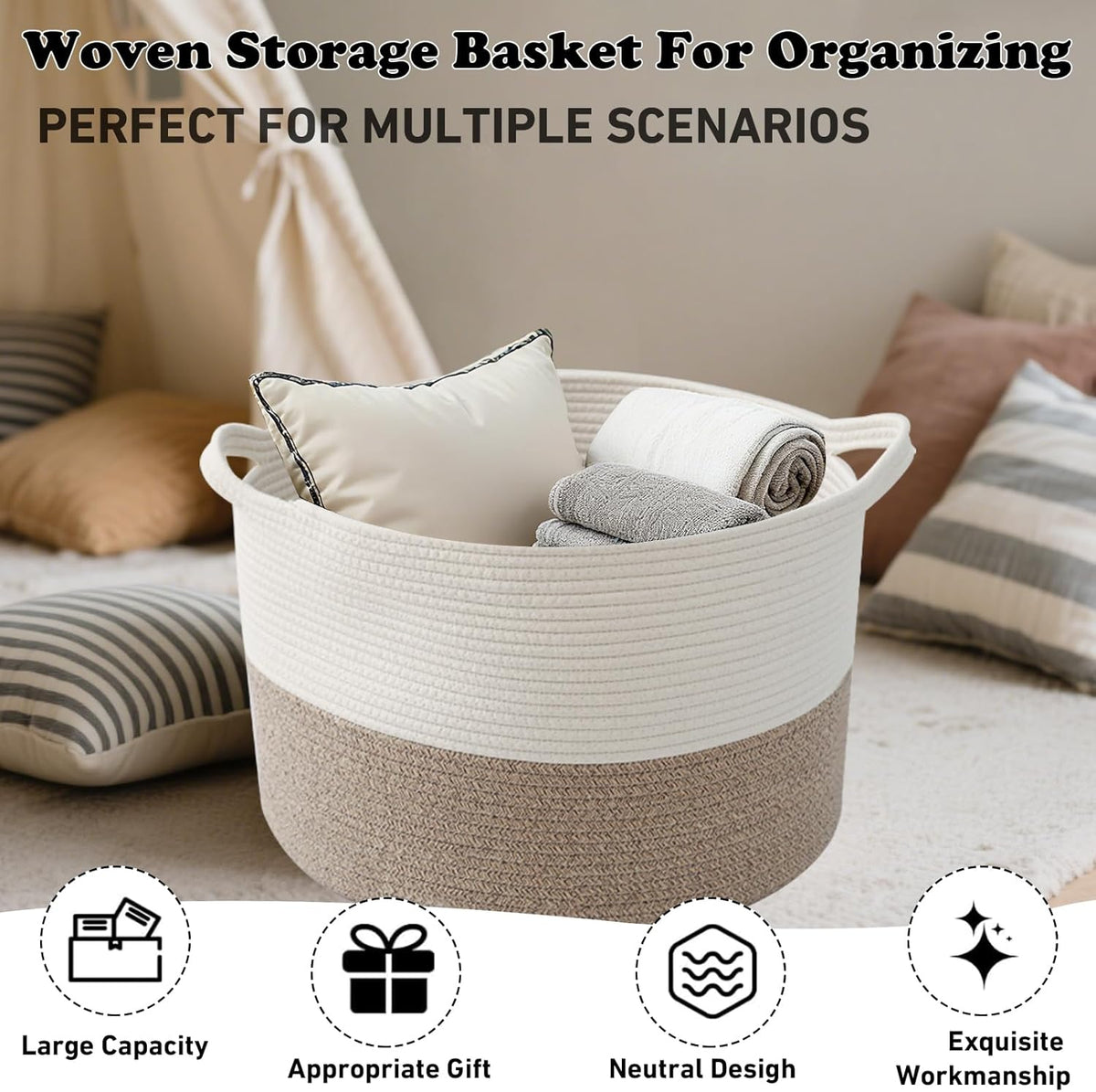 Large Blanket Basket for Organizing,115L Closet Organizers and Storage Bins Box for Shelves Woven Rope Storage Baskets,Living Room,Bedroom,Dorm,Laundry room (White&Brown)