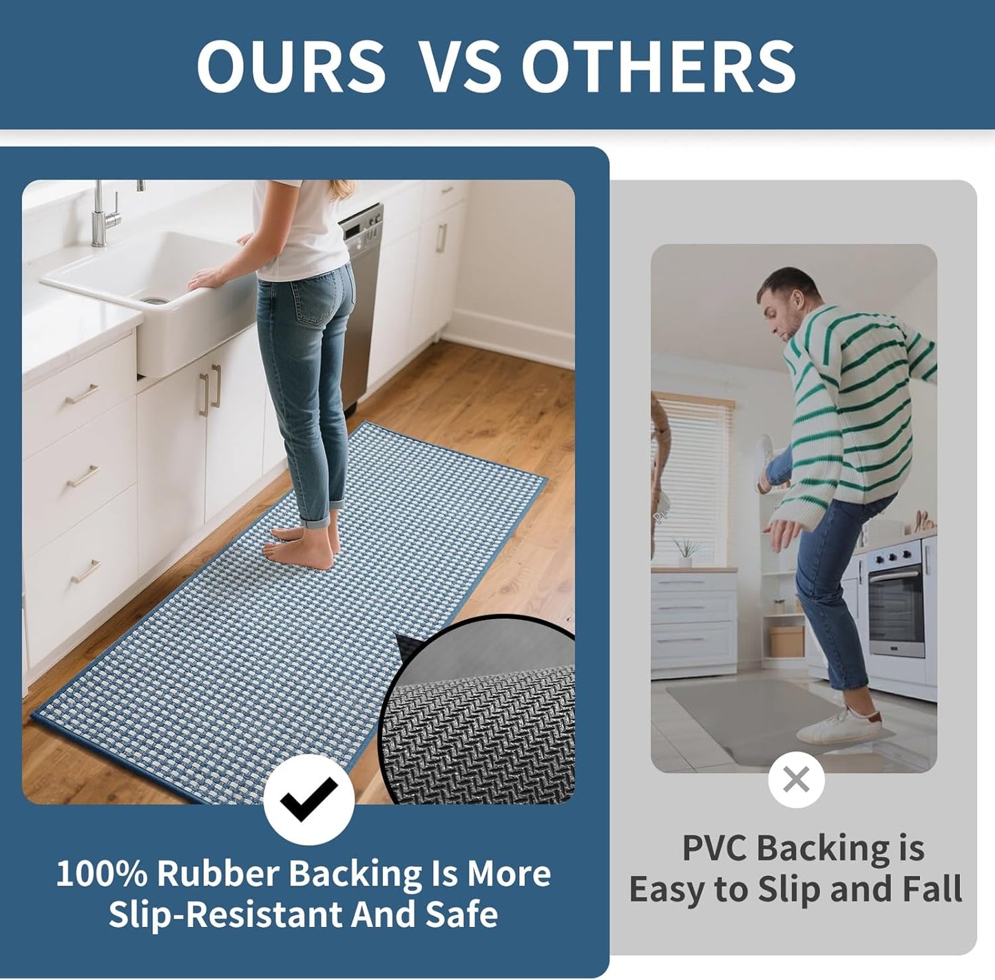 Kitchen Rugs Non Slip Washable, Rubber Backing Soft Chenille Braided Kitchen Mats for Floor, Super Absorbent Kitchen Runner Rug Standing Mat Sink Mat, Easy to Clean, Blue 17"x47"
