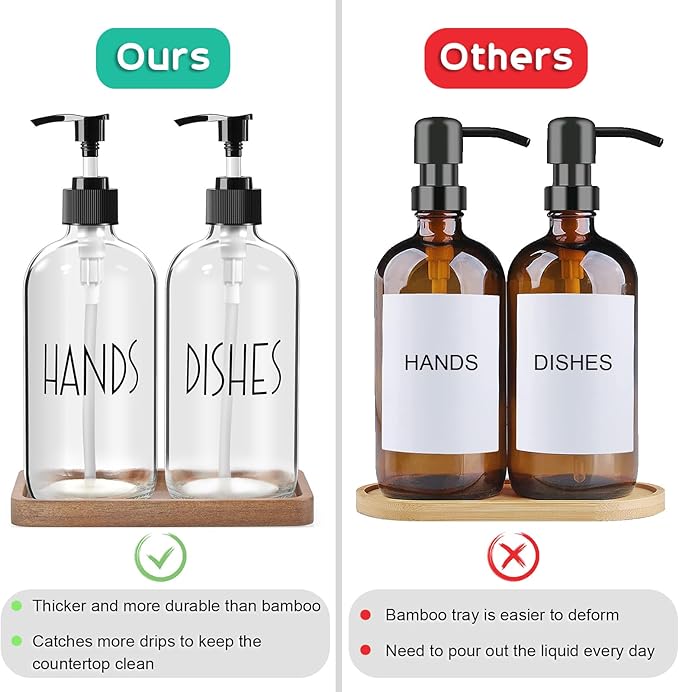ALELION Glass Soap Dispenser with Pump - 16 OZ Clear Dish and Hand Soap Dispenser Set with Acacia Wood Tray for Kitchen Bathroom - Modern Liquid Pump Bottles
