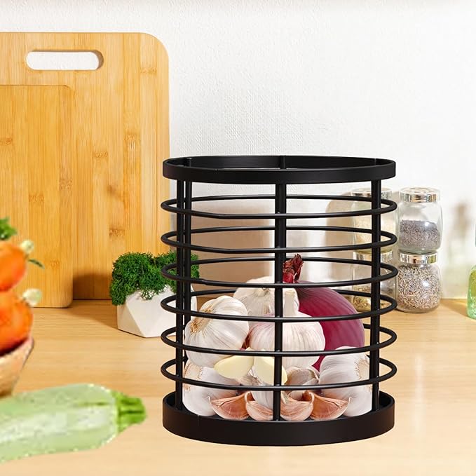 Utensil holder for Kitchen Counter - 5.2" x 5.2" x 6" Large Round Utensils Holder with Wooden Base Matte Black Cooking Utensil Holder,Kitchen countertop Utensil Organizer