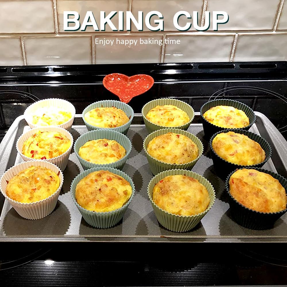 Extra Large Silicone Cupcake Muffin Cups 12 Pcs, 3.54 Inch Muffin Liners, Reusable Jumbo Silicone Baking Cups Easy to Clean, Great for Cupcake, Mousse(3 Green, White)