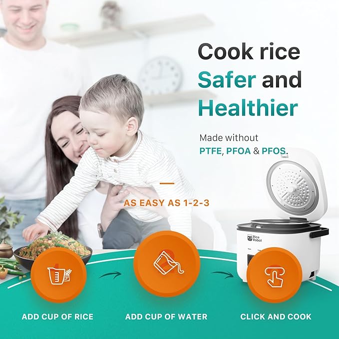 Rice Robot Rice Cooker ā Family Size 4 Cup Uncooked (8 Cups Cooked) Electric Rice Maker | PFAS-Free Ceramic Nonstick | Includes Stainless Steel Steamer Tray and Accessories | As Seen on TV