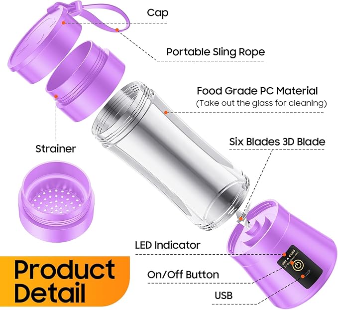Portable Blender for Smoothies & Shakes - Cordless Personal Size Blender with 6 Blades, 380Ml Juice Cup, Lightweight & Rechargeable, Freshly Squeezed for Picnic/Sports/Office, Mother's Day