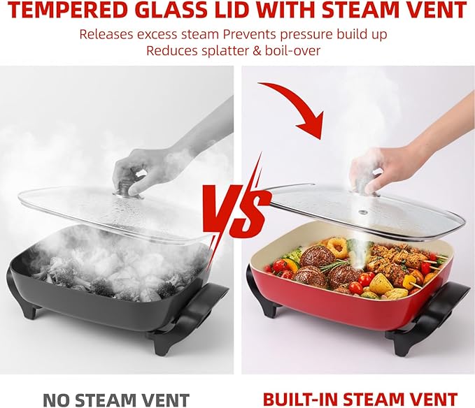 15'' Ceramic Nonstick Electric Skillet with Tempered Vented Glass Lid,Thermostat Control to Prevent Overheating,Removable Easy-to-Clean,Vibrant Red