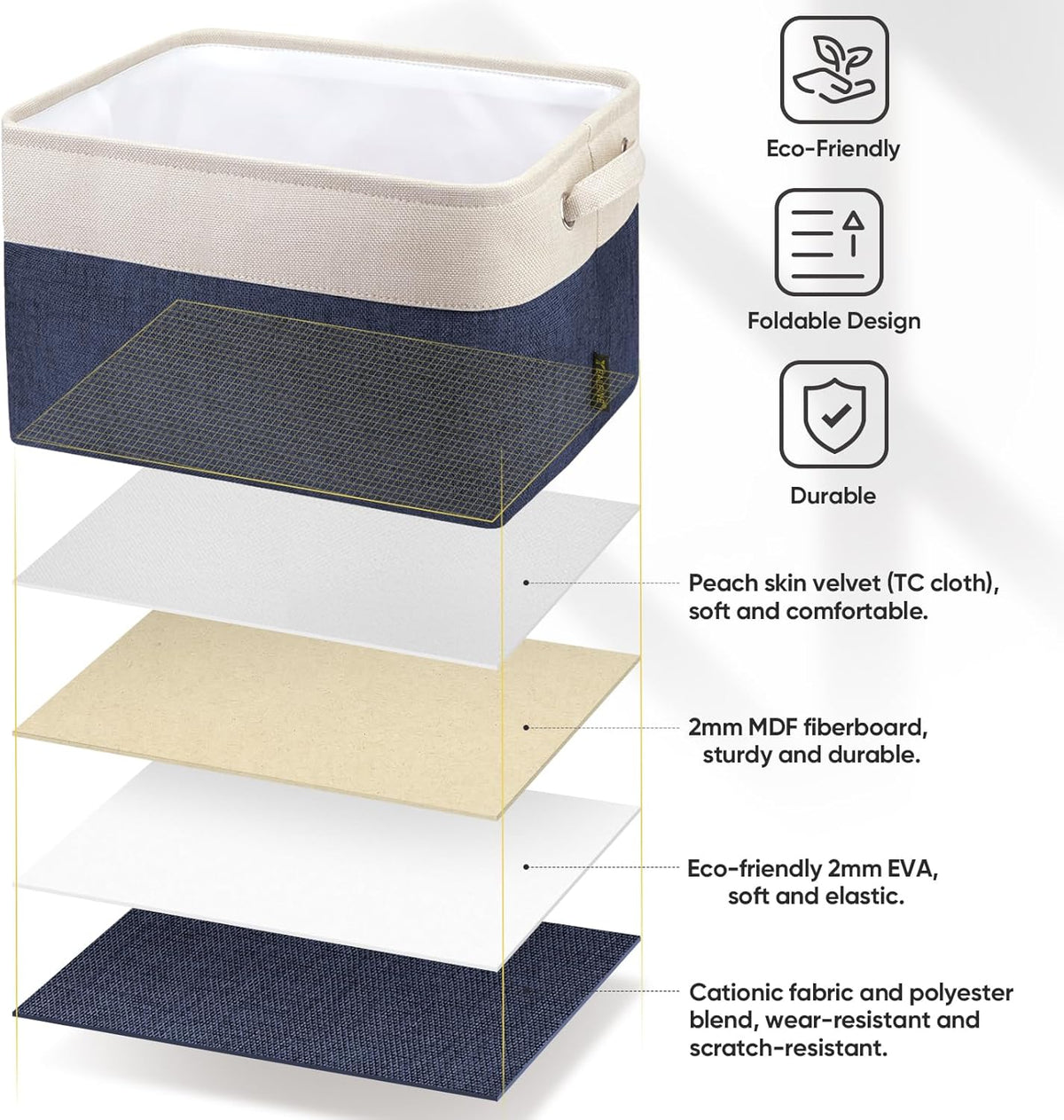 BALEINE 2 Pack Fabric Storage Bins for Shelves, Linen Storage Baskets for Organizing, Decorative Closet Bins for Clothes, Home (Navy Blue, 15"x11"x9.5") 