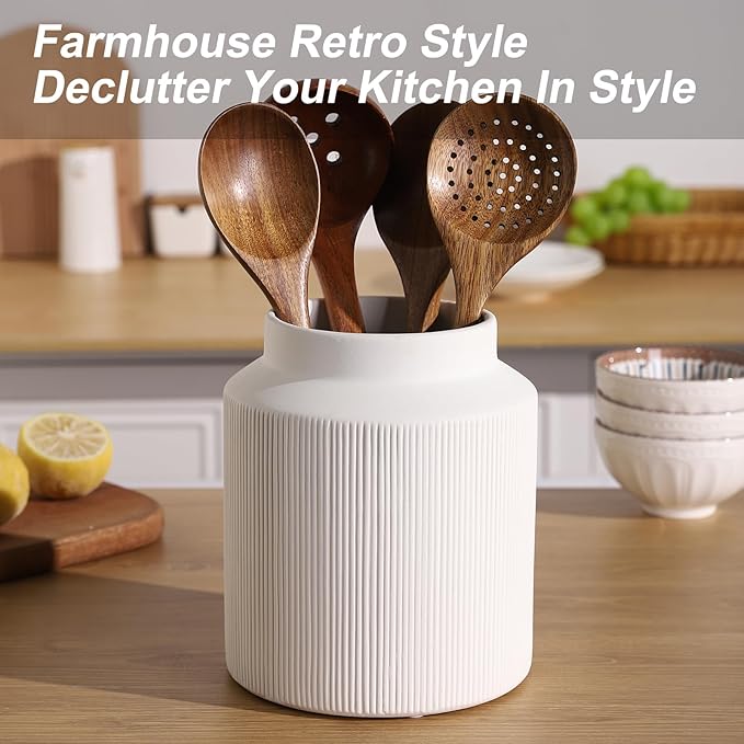 Farmhouse Ceramic Farmhouse Kitchen Utensil Holder for Countertop, Rustic Cooking Utensil Holder Crock Fit for Kitchen Counter. White 6.1 x 6.1 x 7 IN
