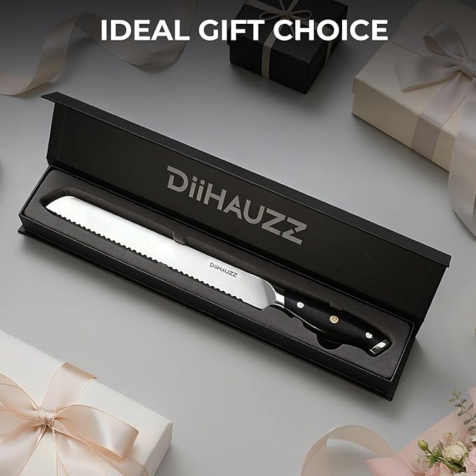 Bread Knife, 10 Inch Serrated Knife for Slicing Homemade Bread, Razor Sharp High Carbon Steel, Professional Bakery Kitchen Knives with Full Tang Ergonomic Handle for Sourdough, Bagel, Cake
