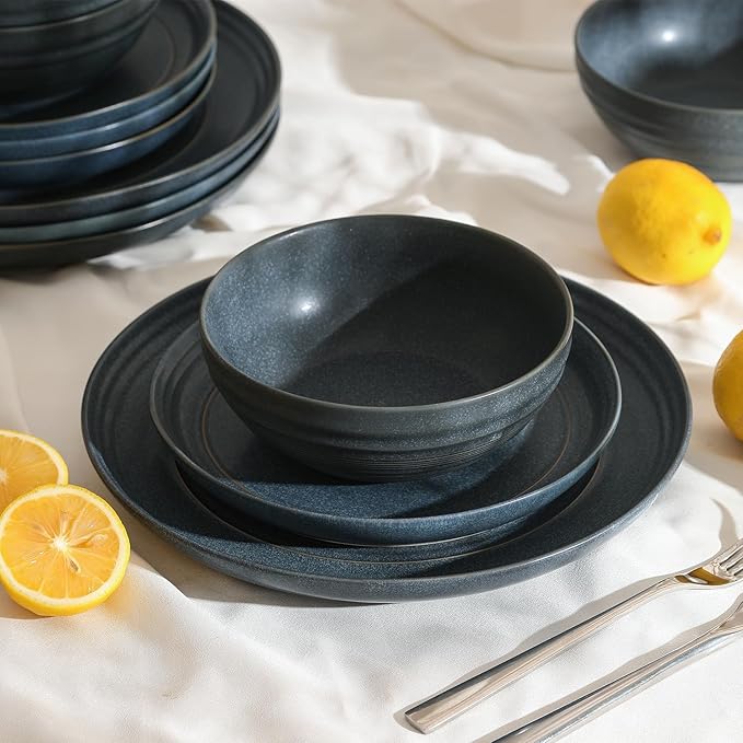 Stone Lain Elio 24-Piece Dinnerware Set Stoneware, Plates and Bowls Set, Dish Set for 8, Blue