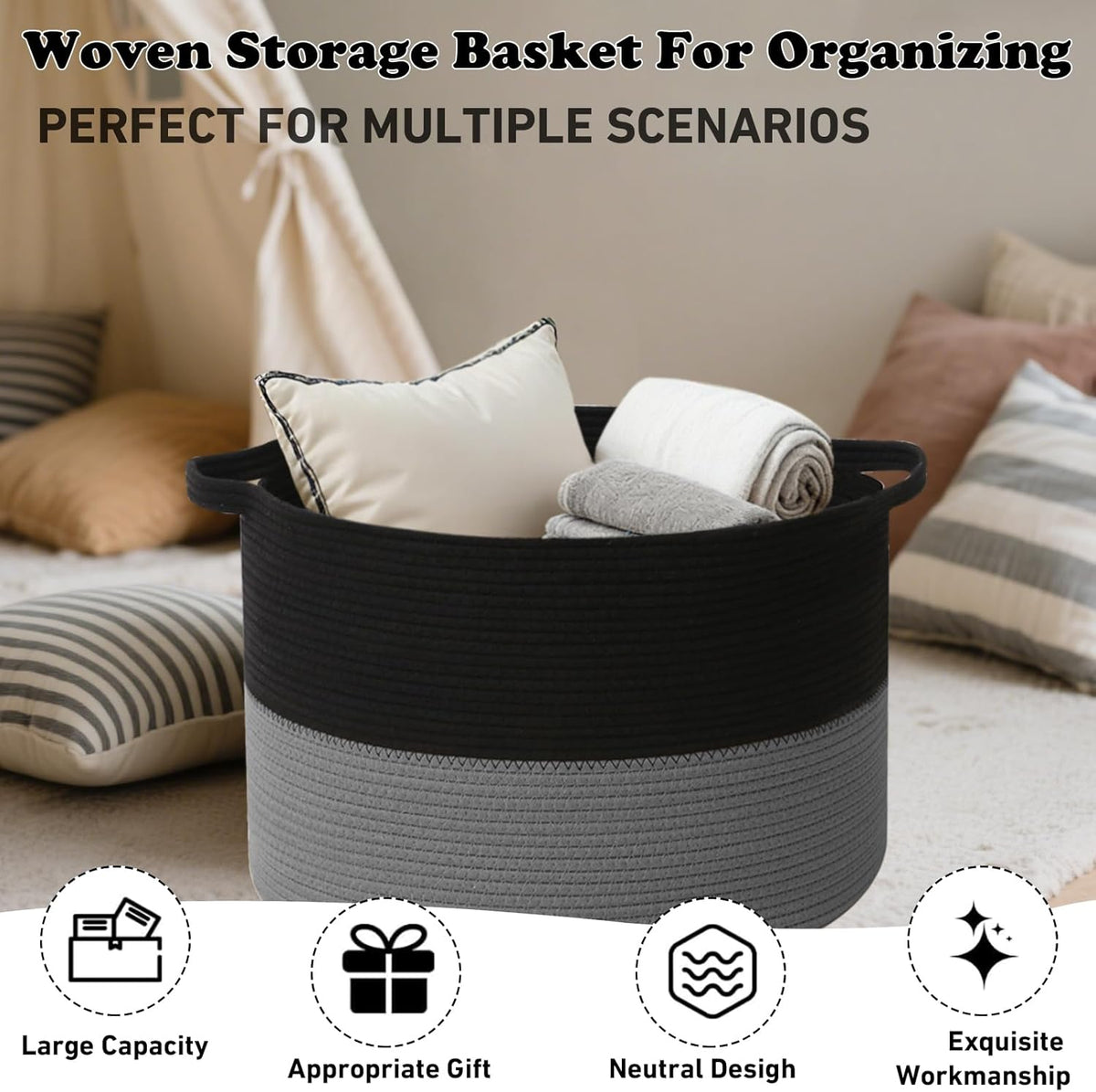 Large Blanket Basket for Organizing,65L Closet Organizers and Storage Bins Box for Shelves Woven Rope Storage Baskets,Living Room,Bedroom,Dorm,Laundry room (Black&Dark Grey)