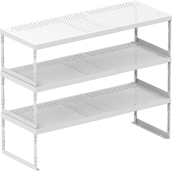 Stackable Expandable Metal Shelf Organizer - Adjustable Wire Storage Rack with Holes for Kitchen, Bathroom, Cabinet, Office - Space Saving, Durable & Sturdy Design(3PACKS/Medium/White