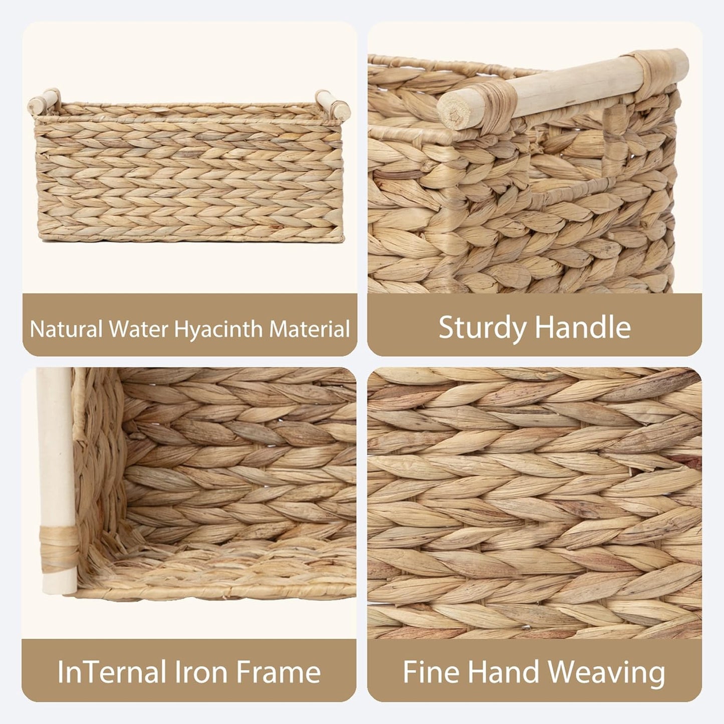 Handmade Water Hyacinth Woven Storage Baskets with Wooden Handles, Rectangle Rustic Organizer Set for Home Decor, Kitchen, Bedroom & Office (Large)