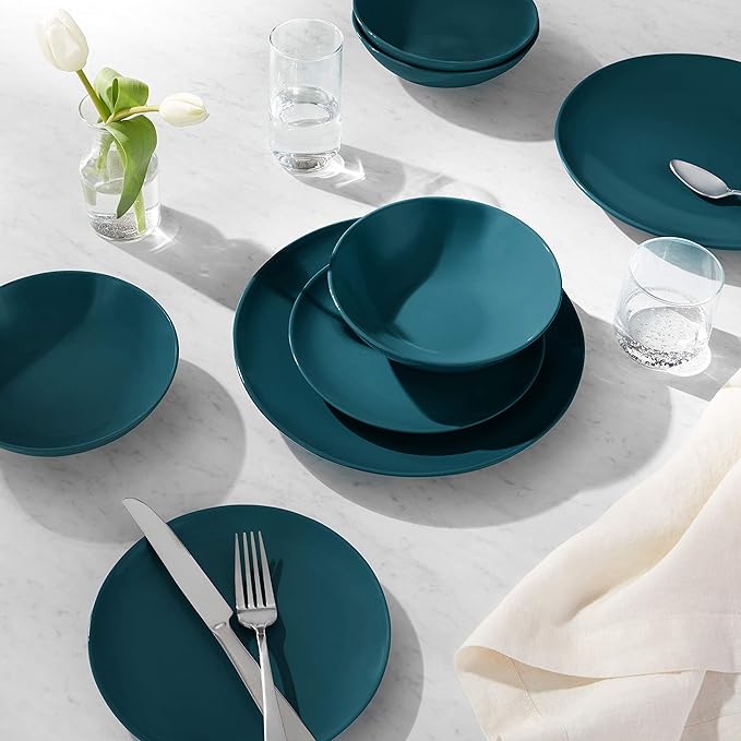 Amazon Basics 18-Piece Stoneware Dinnerware Set, Service for 6, Microwave and Dishwasher Safe, Plates and Bowls, Deep Teal