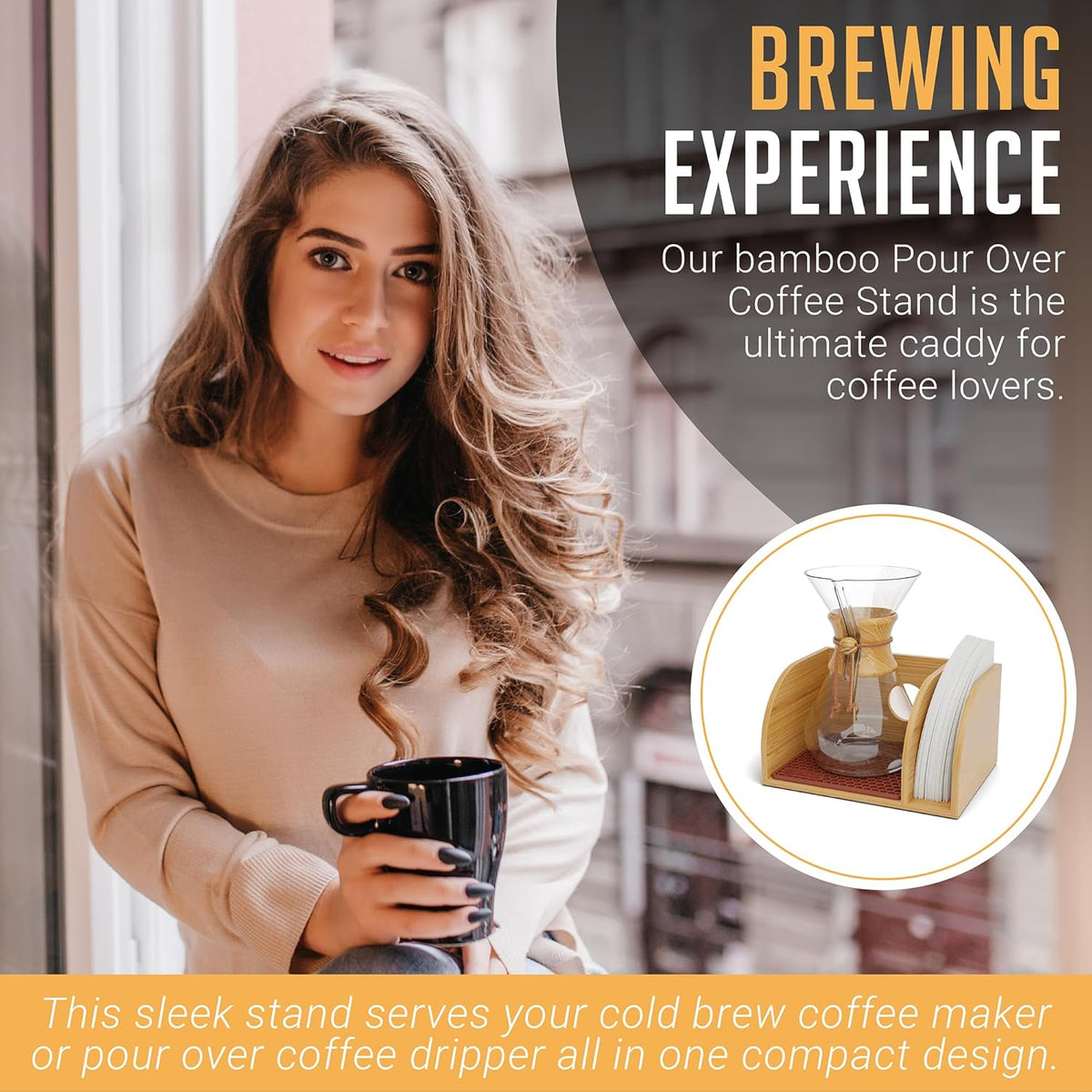 HEXNUB Bamboo Caddy for Pour Over Coffee Maker, Fits Chemex, Bodum, Cosori, Heatproof Mat, Filter Holder