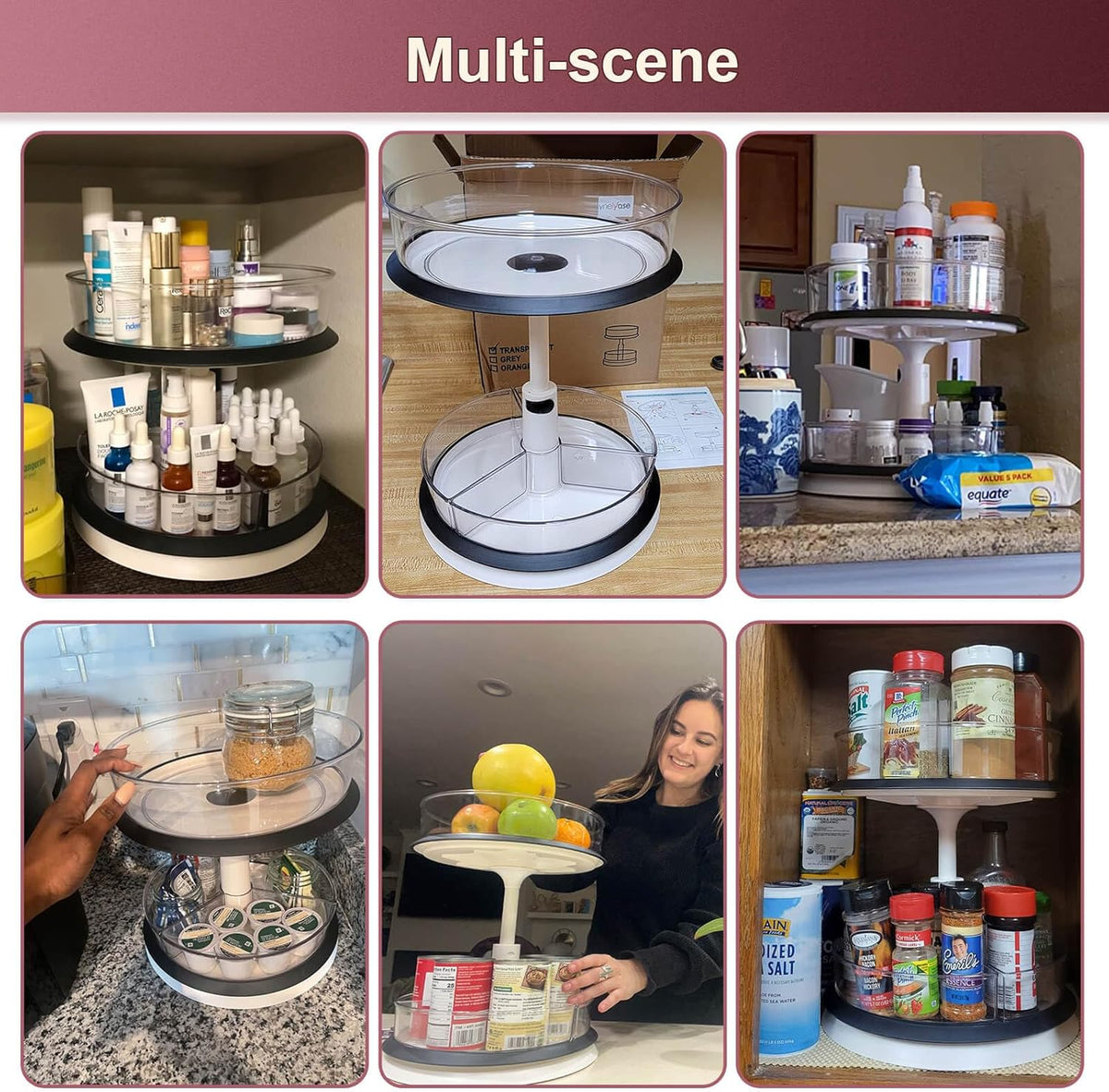 2 Tier Lazy Susan Organizer Clear Turntable for Cabinet Bathroom Countertop and Pantry with Large Spice Rack (11 Inch, White)