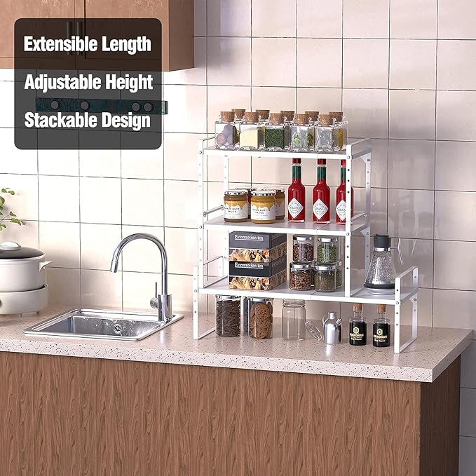 Expandable Kitchen Cabinet Storage Shelf, Stackable Metal Pantry Storage Shelves Organizer, Adjustable Height Counter Spice Rack for Kitchen Cabinet (White - 16.5"-27" L x 10.2" W x 9.6" H - 3Pack)