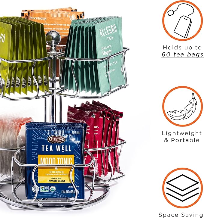 Sorbus Tea Bag Spinning Carousel - Tea Caddy Organizer for Countertop - Matcha Station Accessories - 2 Tier Revolving Storage for Pantry - Holds Up to 60 Large Tea Bags