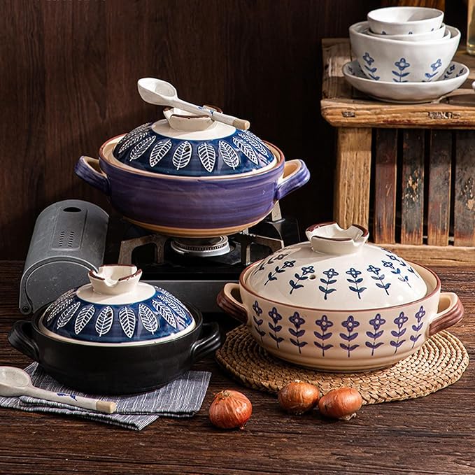 Ceramic Casserole, Japanese Clay Pot Donabe Stone Rice Pot With Lid, Earthen Pot Stockpot Ceramic Casserole Cooker Healthy Cookware Stove Pot Soup Hot Pot(Color:C)