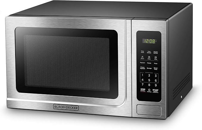 BLACK+DECKER EM036AB14 Digital Microwave Oven with Turntable Push-Button Door, Child Safety Lock, Stainless Steel, 1.4 Cu.ft