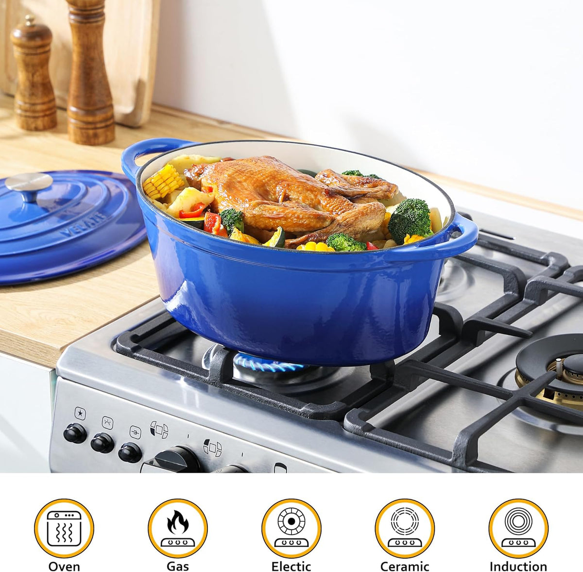Velaze 7.5 QT Enameled Oval Dutch Oven Pot with Lid, Cast Iron Dutch Oven with Dual Handles for Bread Baking, Cooking, Frying, Non-stick Enamel Coated Cookware(Blue)