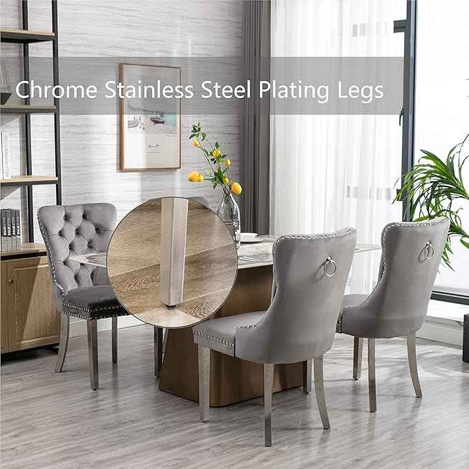 Velvet Dining Chairs Set of 6, Upholstered Dining Room Chairs with Back Ring Pull Trim and Sliver Stainless Steel Legs,Modern Kitchen Chairs Perfect for Dining Room,Kitchen(Grey)