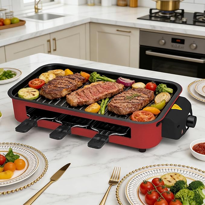 Pukomc Electric Indoor Grill,2 in 1 Indoor Grills for Kitchen with Grill Net & Non-Stick Cooking Removable Plate, Temperature Control, Dishwasher Safe, 1700W RED