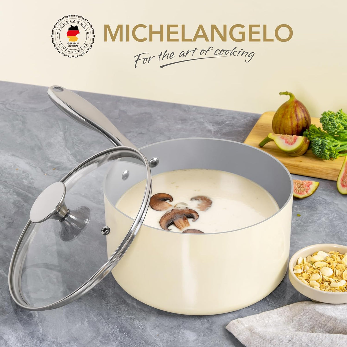MICHELANGELO 3 Quart Saucepan with Lid - Non Toxic Sauce Pan with Nonstick Ceramic Coating, Scratch-Resistant, Induction Saucepan Suitable for All Stovetops, Beige