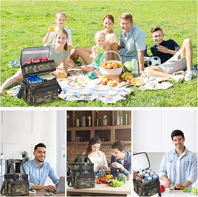 holuxer Insulated Lunch Bag & Lunch Box for Men - Double Deck Reusable Lunch Bag for Women Tote Cooler Bag Leakproof Soft Expandable - Large Lunchbox for Work/Adult/Picnic/Outdoor (Camo,15L)